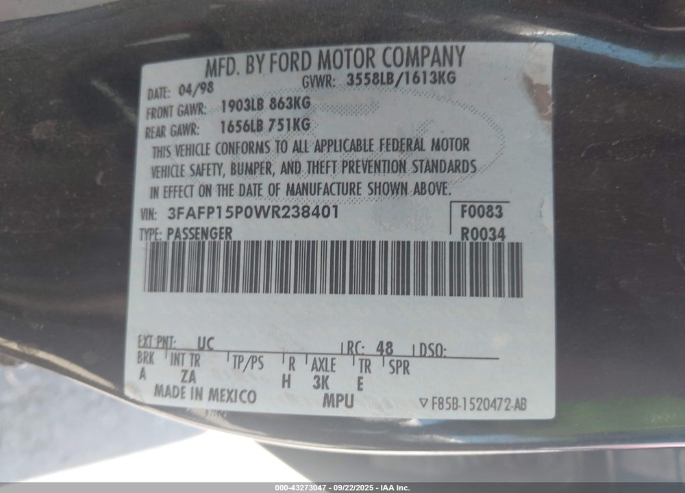 1998 FORD ESCORT SE VIN: 3FAFP15P0WR238401