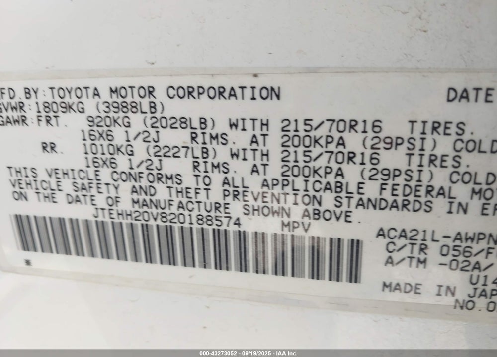 2002 TOYOTA RAV4 VIN: JTEHH20V820188574