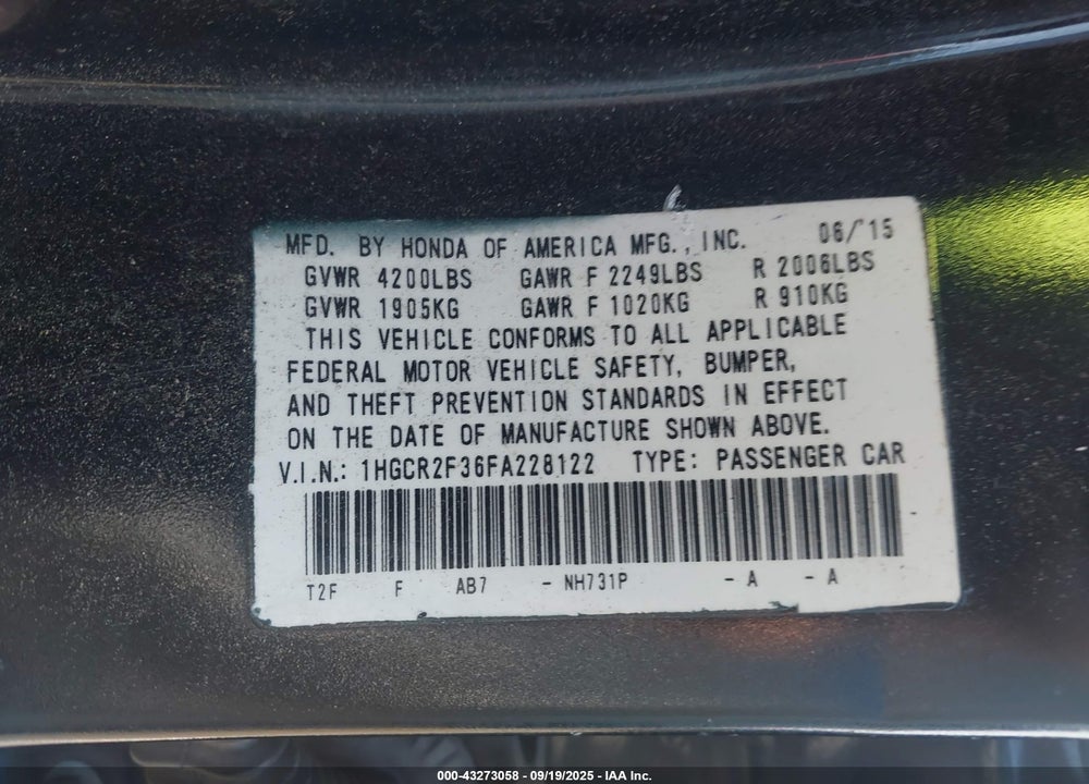 2015 HONDA ACCORD VIN: 1HGCR2F36FA228122