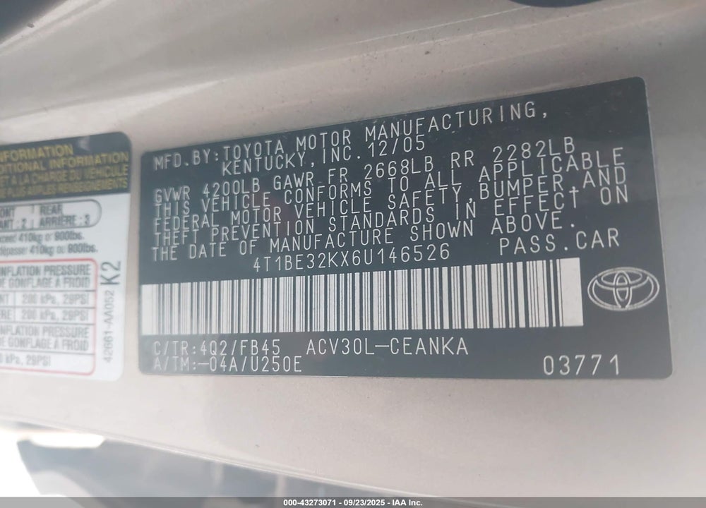 2006 TOYOTA CAMRY VIN: 4T1BE32KX6U146526