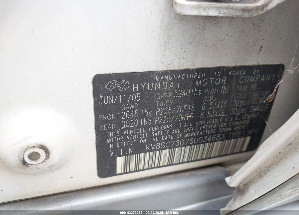 2006 HYUNDAI SANTA FE GLS VIN: KM8SC73D76U034683