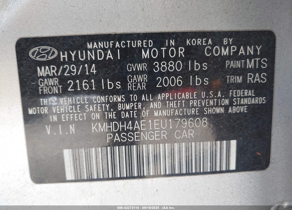 2014 HYUNDAI ELANTRA VIN: KMHDH4AE1EU179608