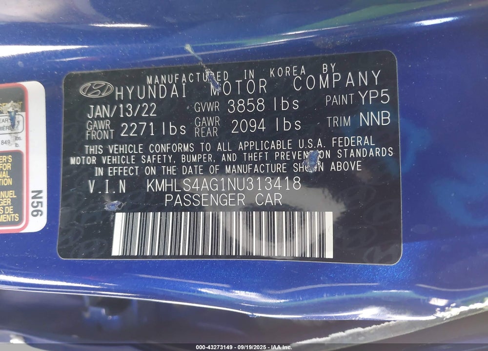 2022 HYUNDAI ELANTRA SEL VIN: KMHLS4AG1NU313418