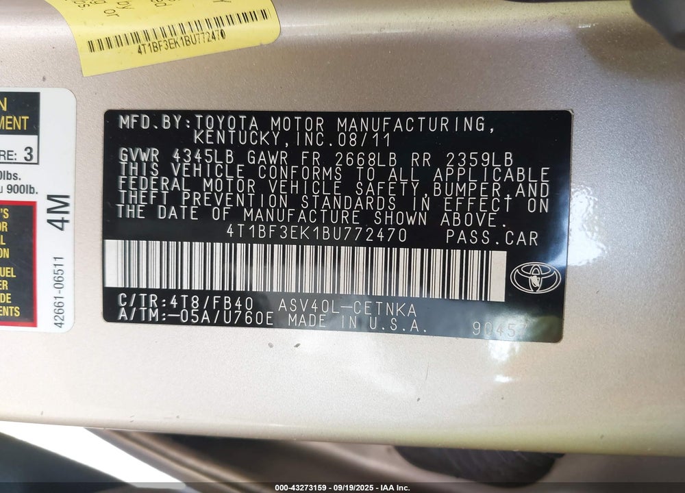 2011 TOYOTA CAMRY VIN: 4T1BF3EK1BU772470