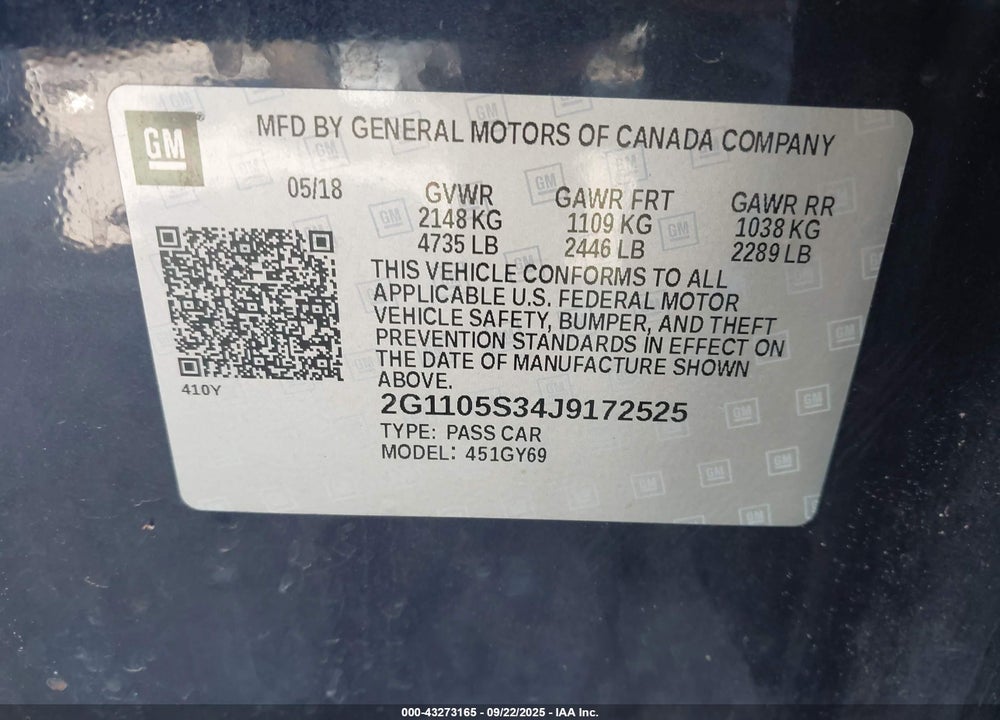 2018 CHEVROLET IMPALA VIN: 2G1105S34J9172525