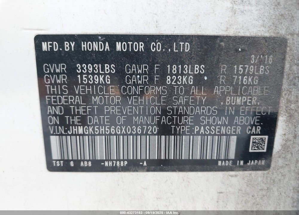 2016 HONDA FIT VIN: JHMGK5H56GX036720