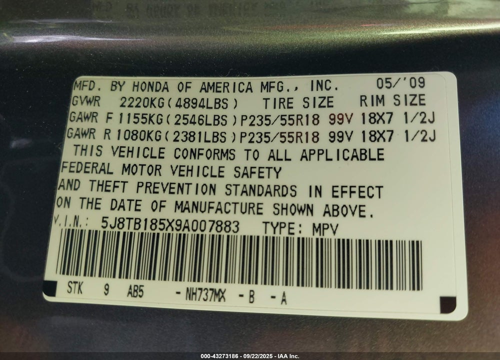 2009 ACURA RDX VIN: 5J8TB185X9A007883