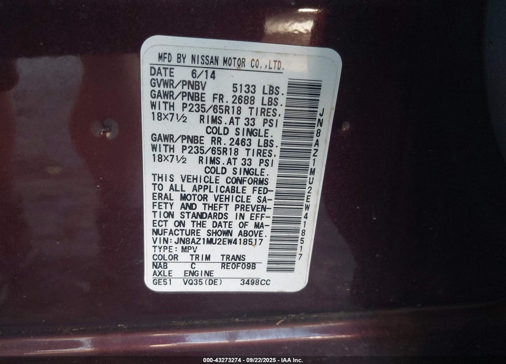 2014 NISSAN MURANO VIN: JN8AZ1MU2EW418517