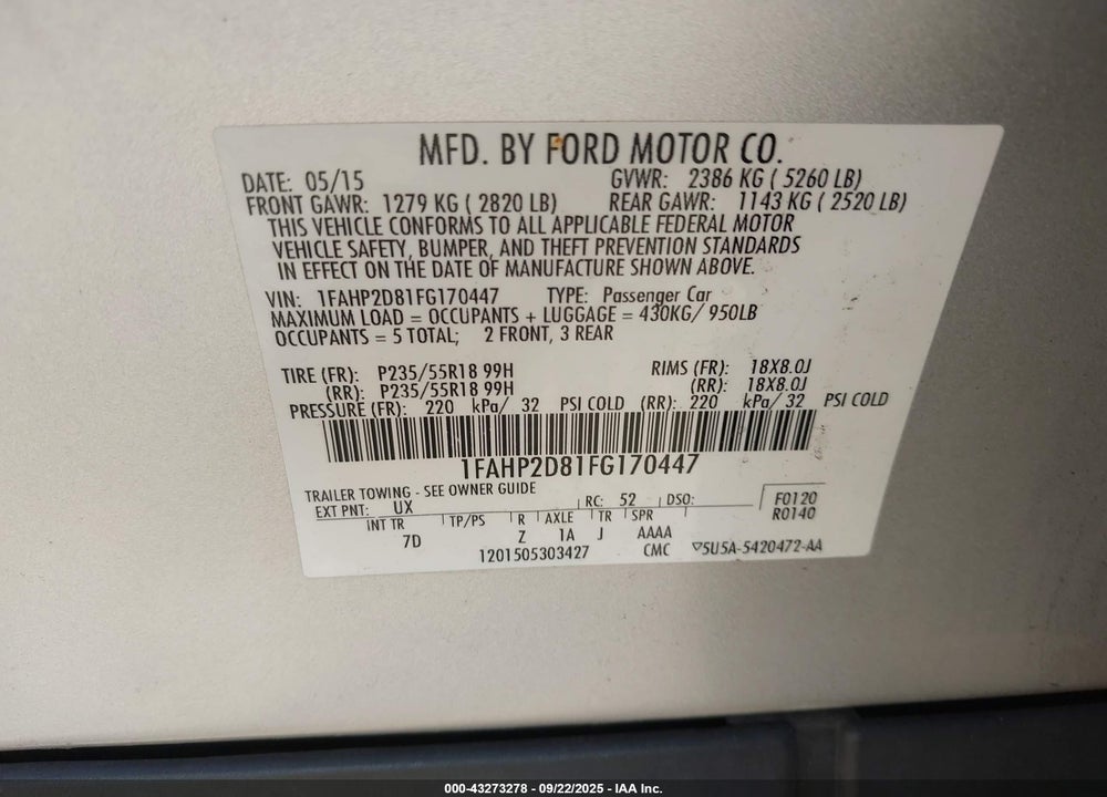 2015 FORD TAURUS VIN: 1FAHP2D81FG170447