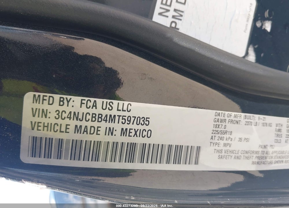 2021 JEEP COMPASS ALTITUDE FWD VIN: 3C4NJCBB4MT597035