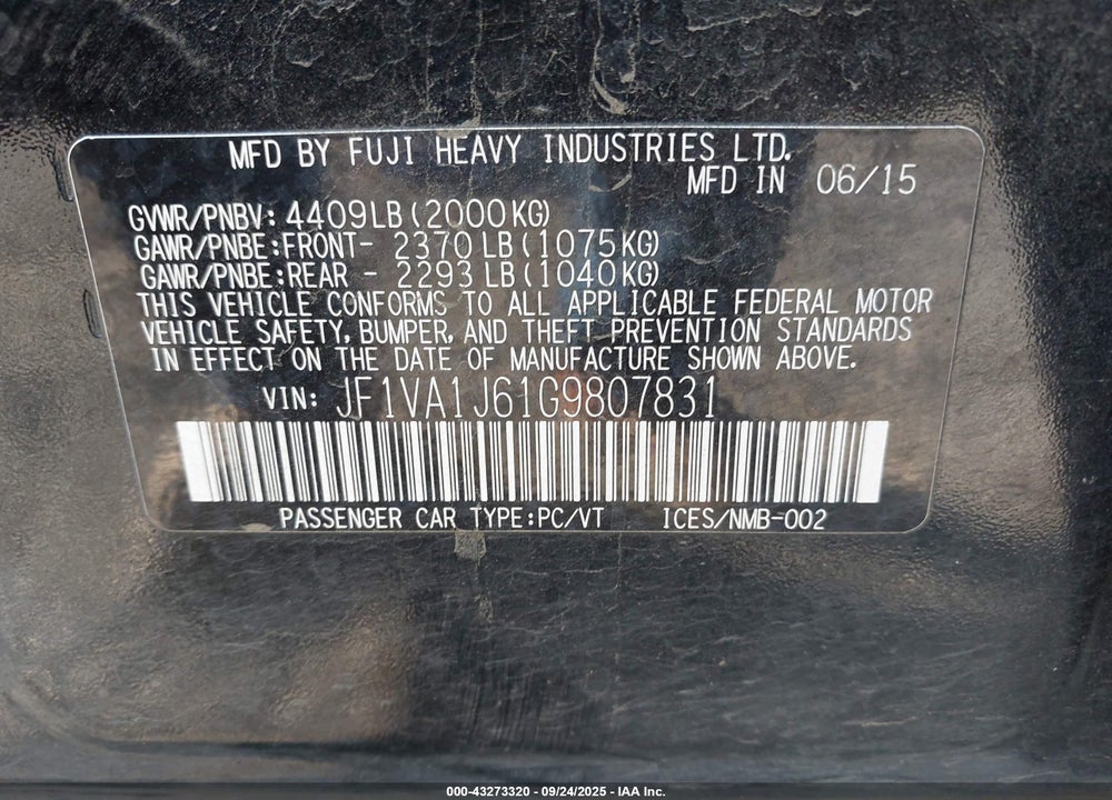 2016 SUBARU WRX VIN: JF1VA1J61G9807831