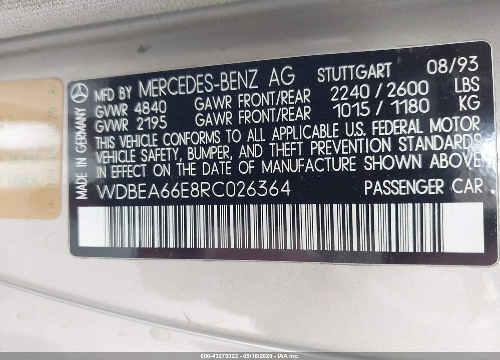 1994 MERCEDES-BENZ E 320 VIN: WDBEA66E8RC026364