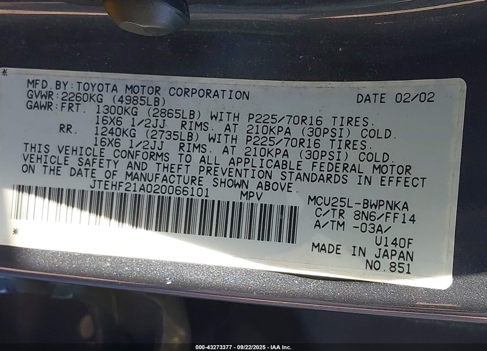 2002 TOYOTA HIGHLANDER LIMITED VIN: JTEHF21A020066101