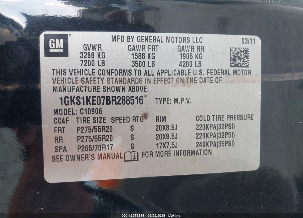 2011 GMC YUKON XL 1500 SLT VIN: 1GKS1KE07BR288516