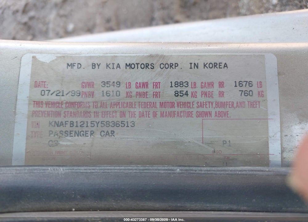 2000 KIA SEPHIA LS/LS W/POWER PKG VIN: KNAFB1215Y5836513