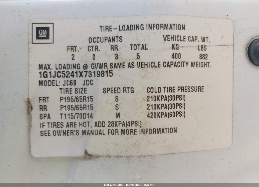 1999 CHEVROLET CAVALIER VIN: 1G1JC5241X7319815