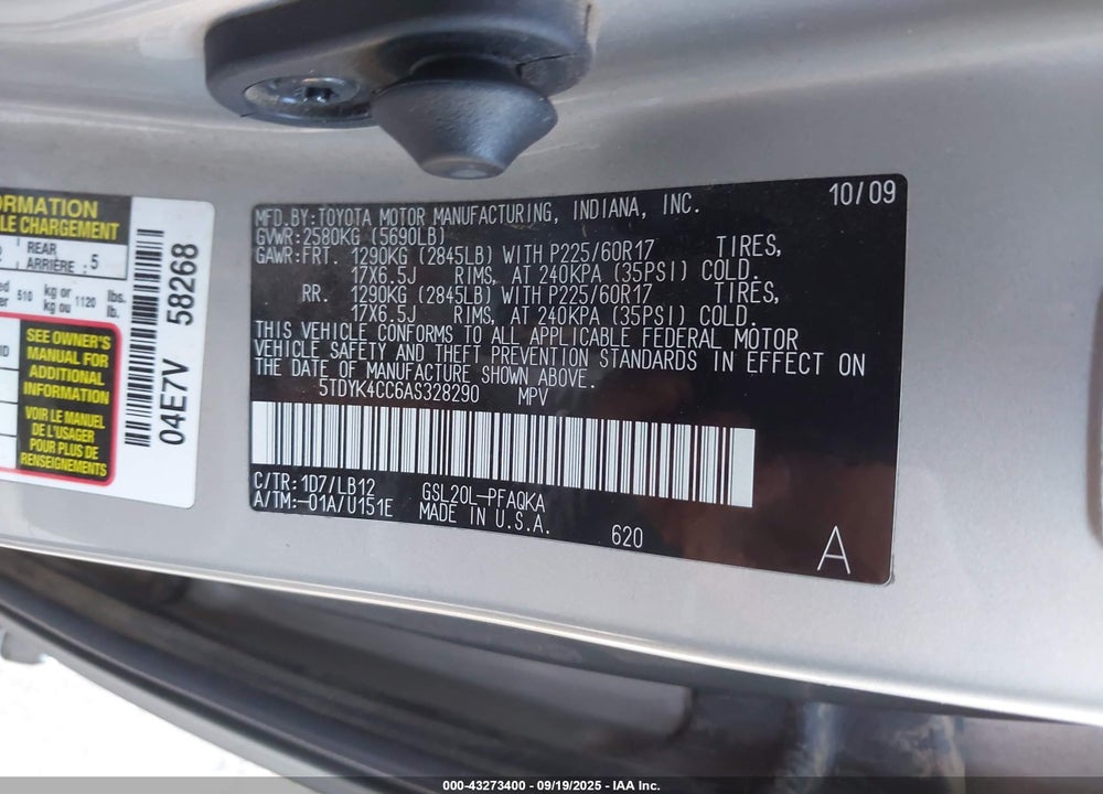 2010 TOYOTA SIENNA VIN: 5TDYK4CC6AS328290