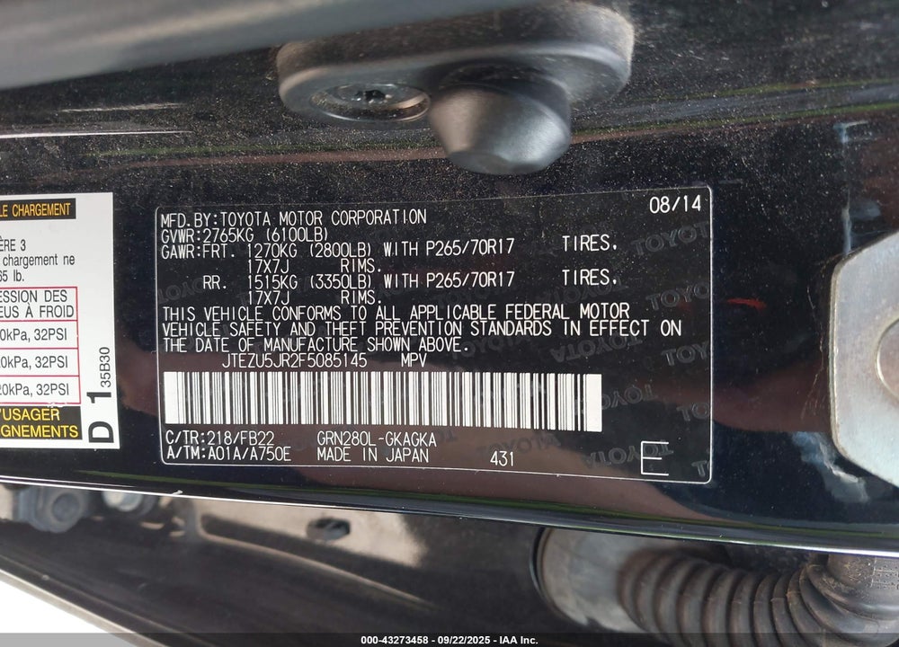2015 TOYOTA 4RUNNER VIN: JTEZU5JR2F5085145