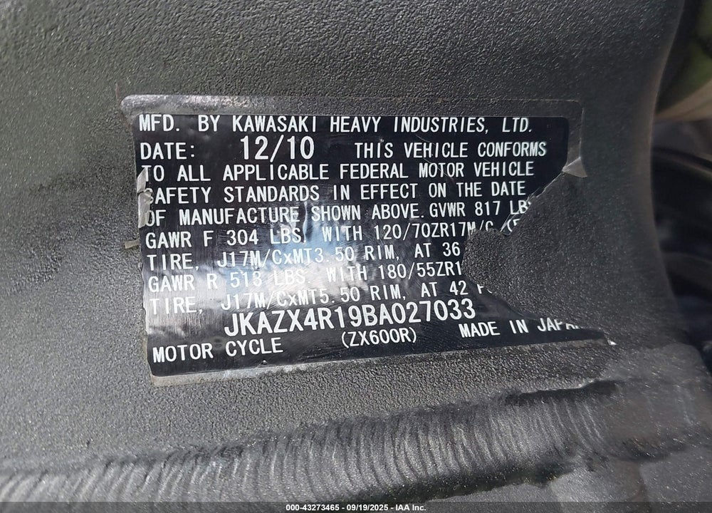 2011 KAWASAKI ZX600 VIN: JKAZX4R19BA027033
