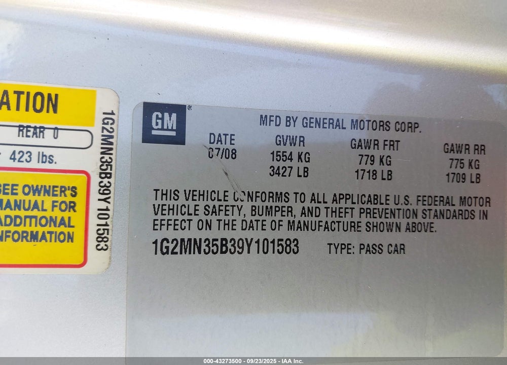2009 PONTIAC SOLSTICE VIN: 1G2MN35B39Y101583