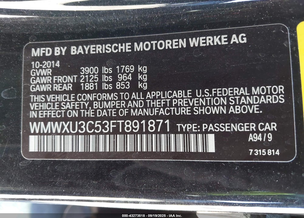 2015 MINI HARDTOP VIN: WMWXU3C53FT891871