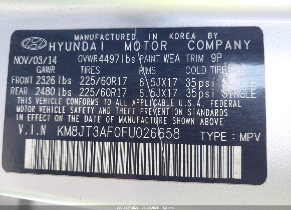 2015 HYUNDAI TUCSON VIN: KM8JT3AF0FU026658