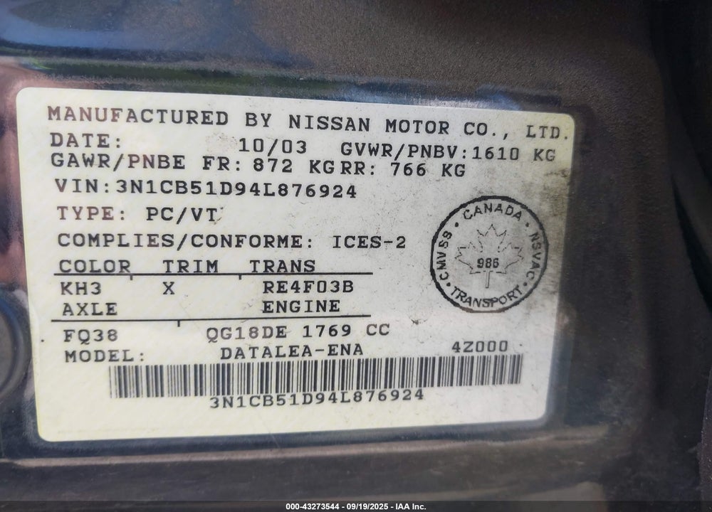 2004 NISSAN SENTRA 1.8/1.8S VIN: 3N1CB51D94L876924