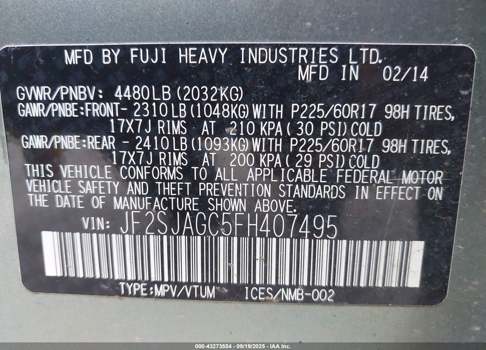 2015 SUBARU FORESTER VIN: JF2SJAGC5FH407495