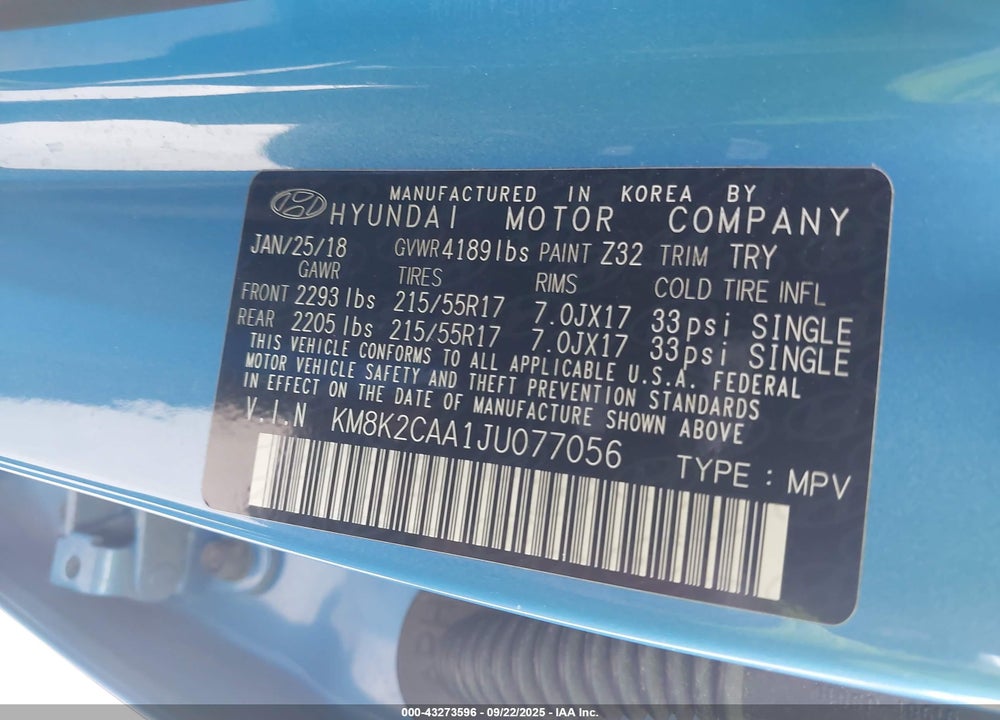 2018 HYUNDAI KONA SEL VIN: KM8K2CAA1JU077056