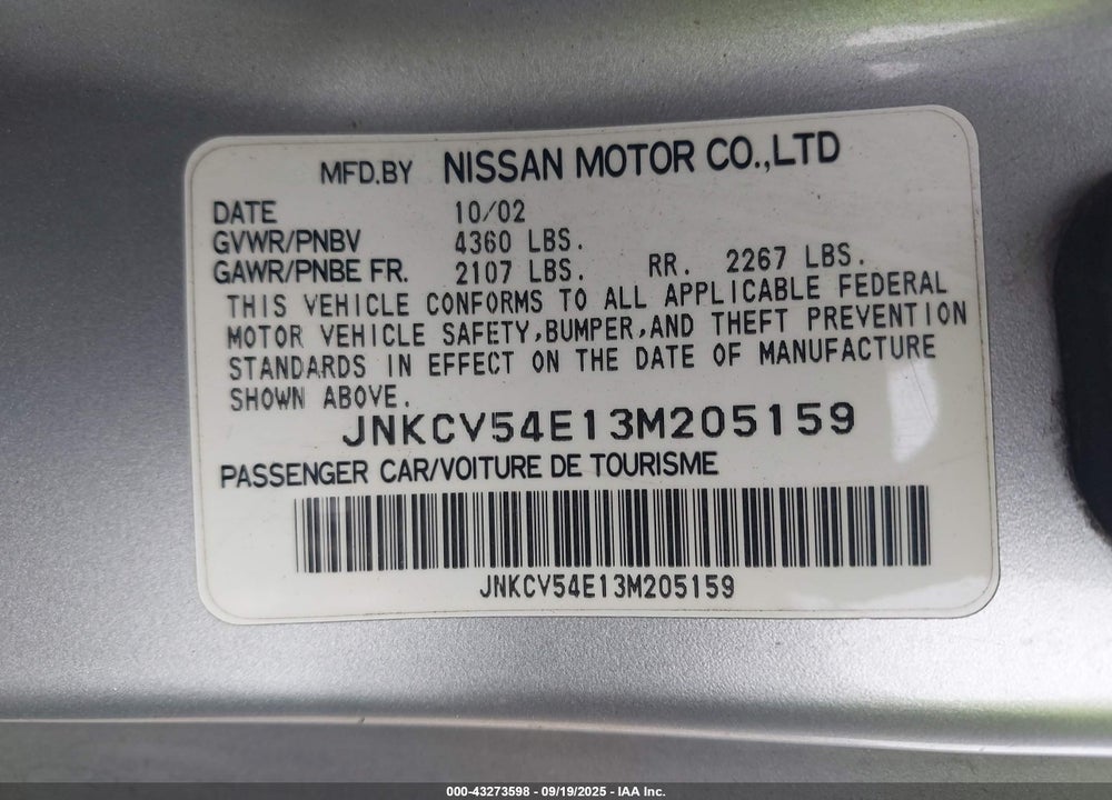 2003 INFINITI G35 BASE W/LEATHER VIN: JNKCV54E13M205159