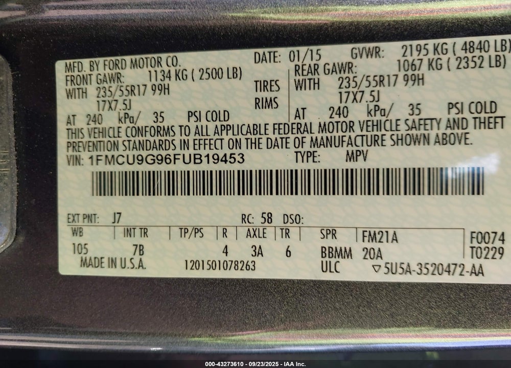 2015 FORD ESCAPE VIN: 1FMCU9G96FUB19453