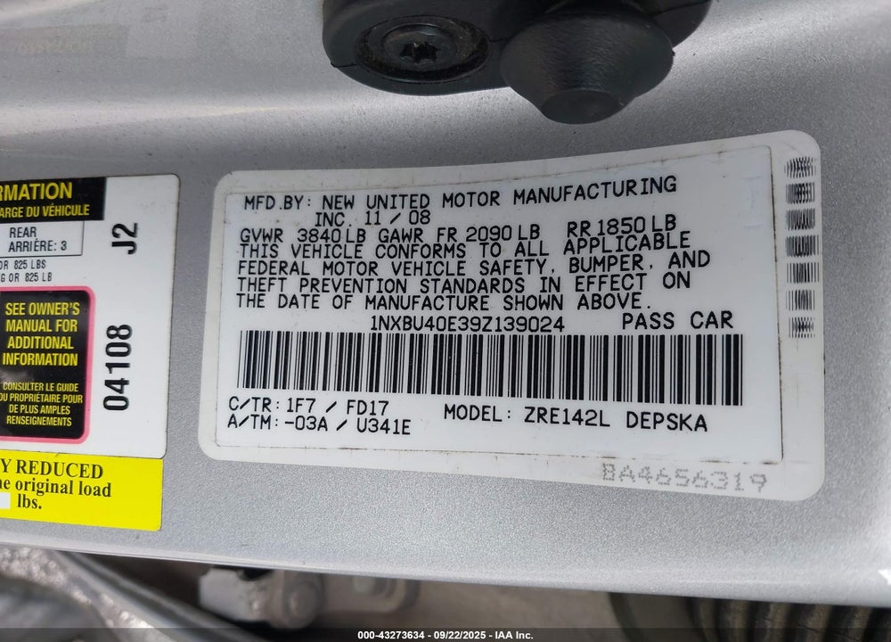 2009 TOYOTA COROLLA VIN: 1NXBU40E39Z139024