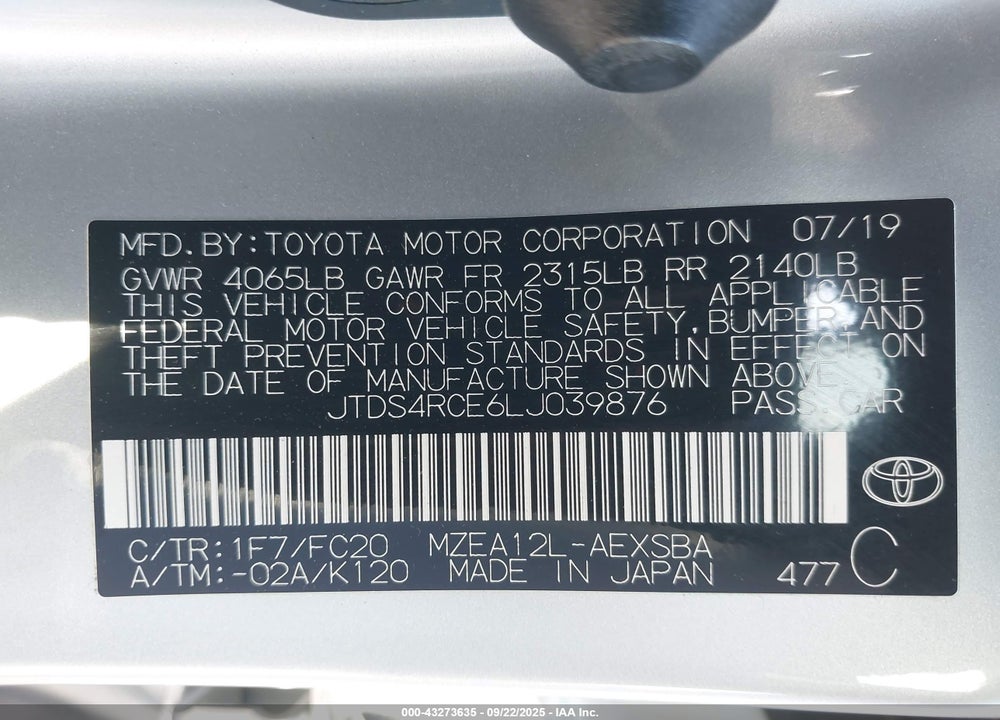 2020 TOYOTA COROLLA VIN: JTDS4RCE6LJ039876
