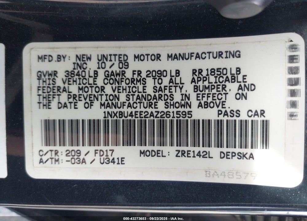 2010 TOYOTA COROLLA VIN: 1NXBU4EE2AZ261595