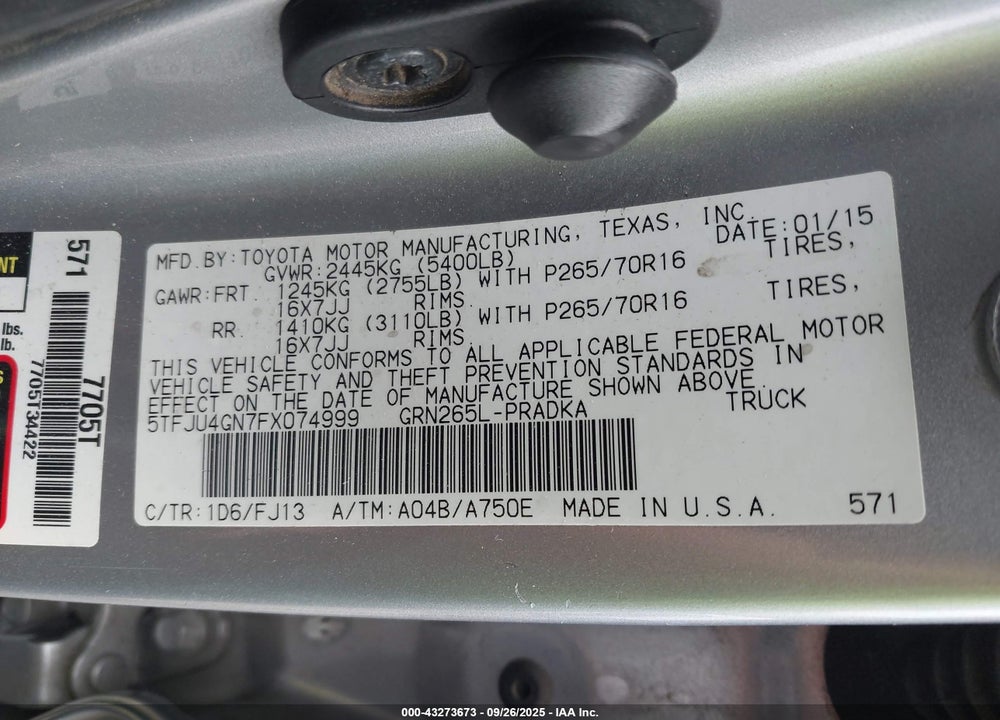 2015 TOYOTA TACOMA VIN: 5TFJU4GN7FX074999
