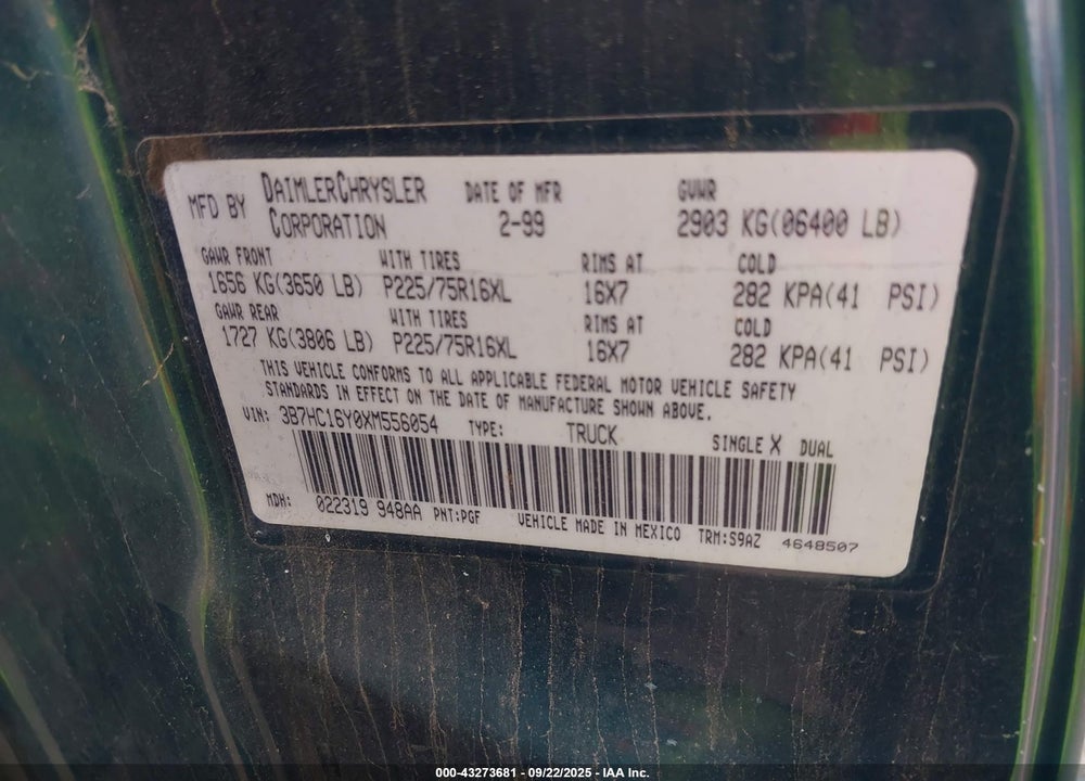 1999 DODGE RAM 1500 ST VIN: 3B7HC16Y0XM556054