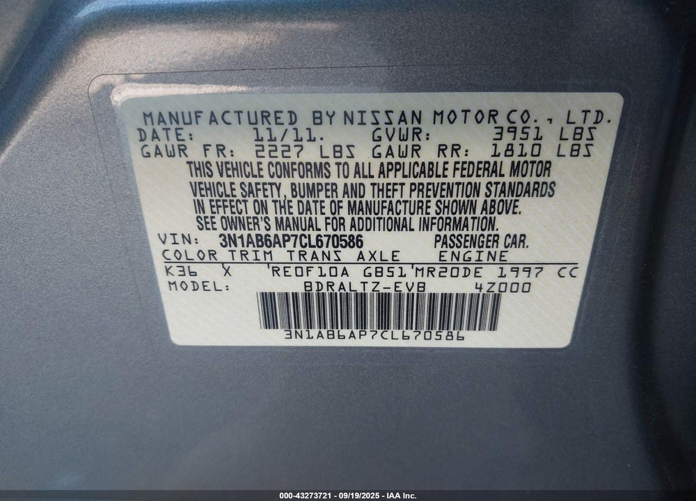 2012 NISSAN SENTRA VIN: 3N1AB6AP7CL670586