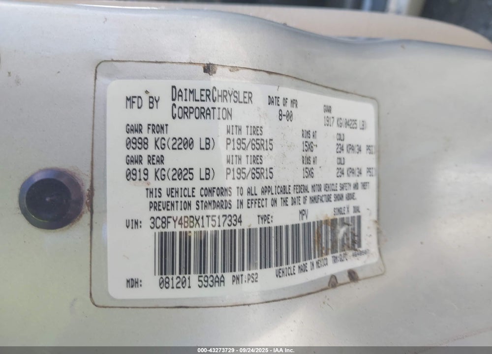 2001 CHRYSLER PT CRUISER VIN: 3C8FY4BBX1T517334