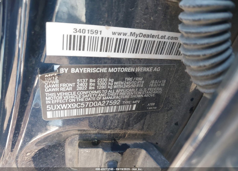 2013 BMW X3 VIN: 5UXWX9C57D0A27592