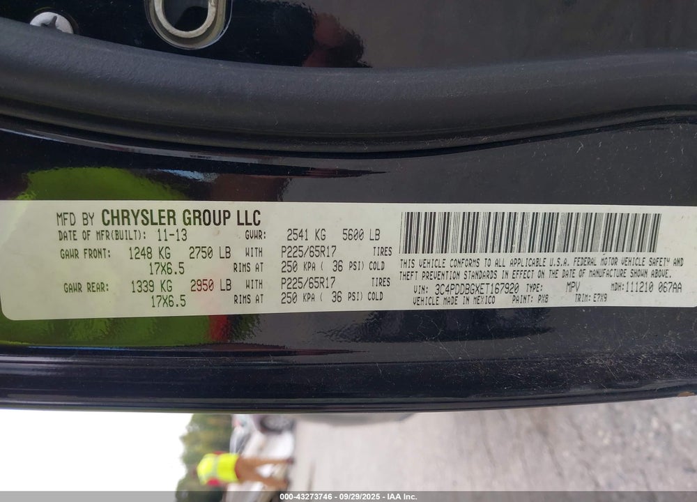 2014 DODGE JOURNEY VIN: 3C4PDDBGXET167920