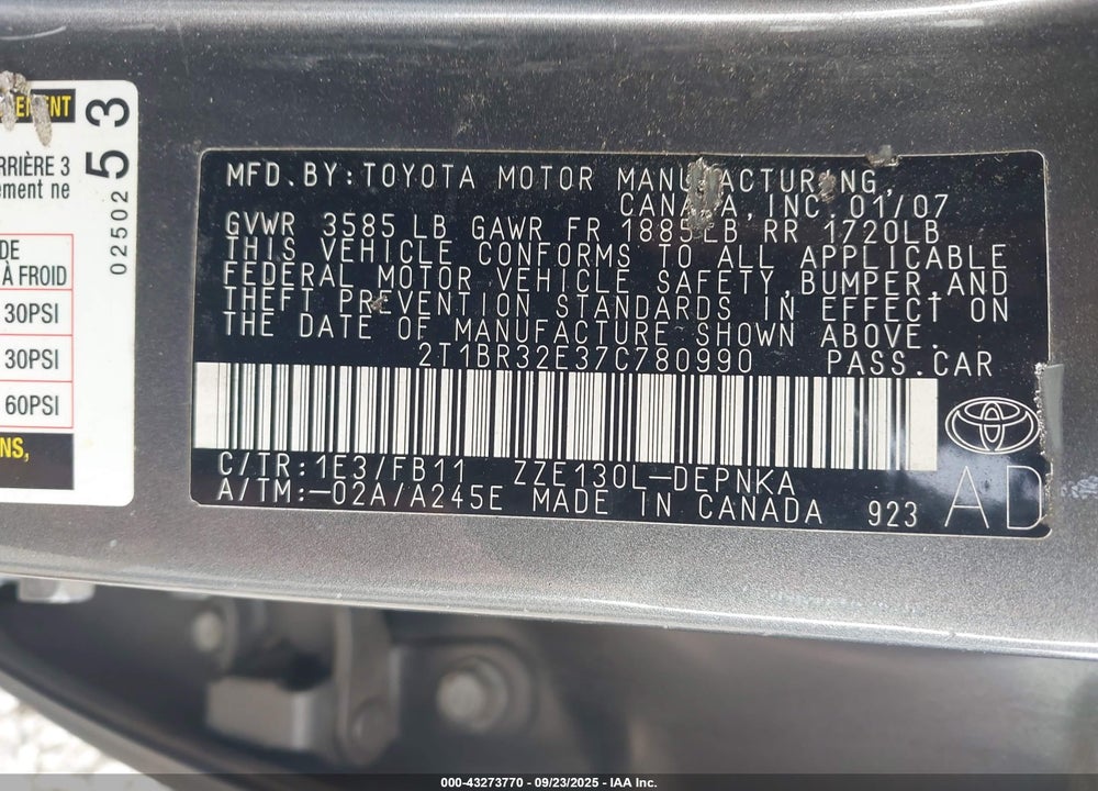 2007 TOYOTA COROLLA VIN: 2T1BR32E37C780990