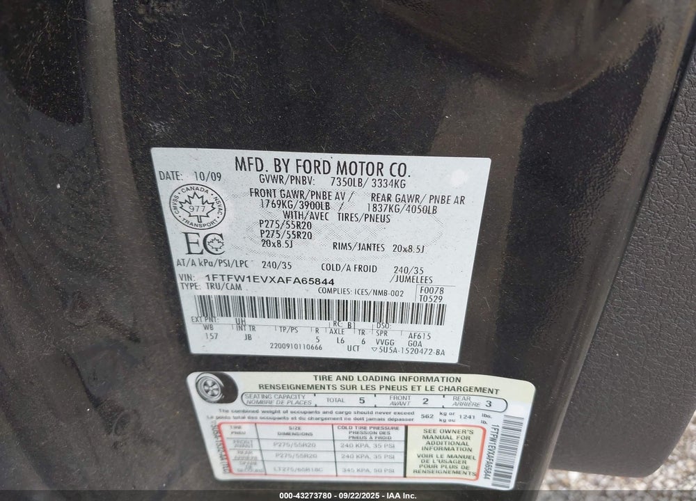 2010 FORD F-150 VIN: 1FTFW1EVXAFA65844