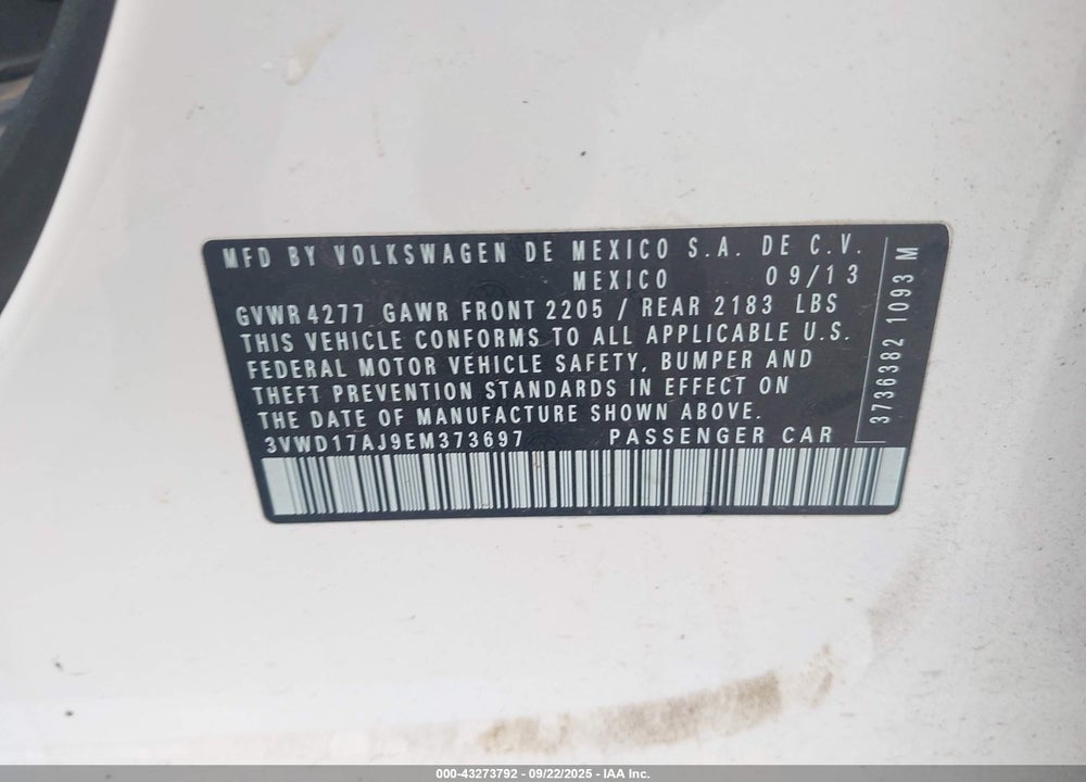 2014 VOLKSWAGEN JETTA VIN: 3VWD17AJ9EM373697