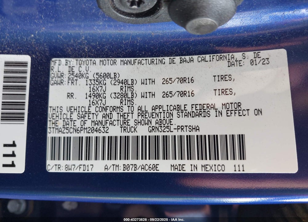 2023 TOYOTA TACOMA VIN: 3TMAZ5CN6PM204632