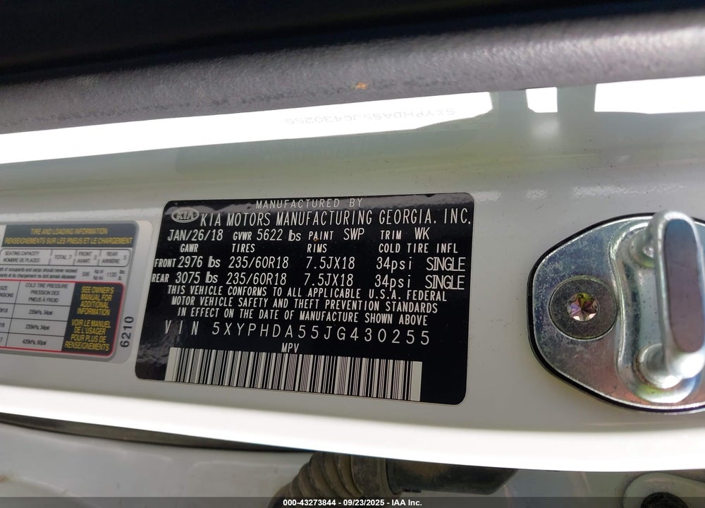 2018 KIA SORENTO 3.3L EX VIN: 5XYPHDA55JG430255