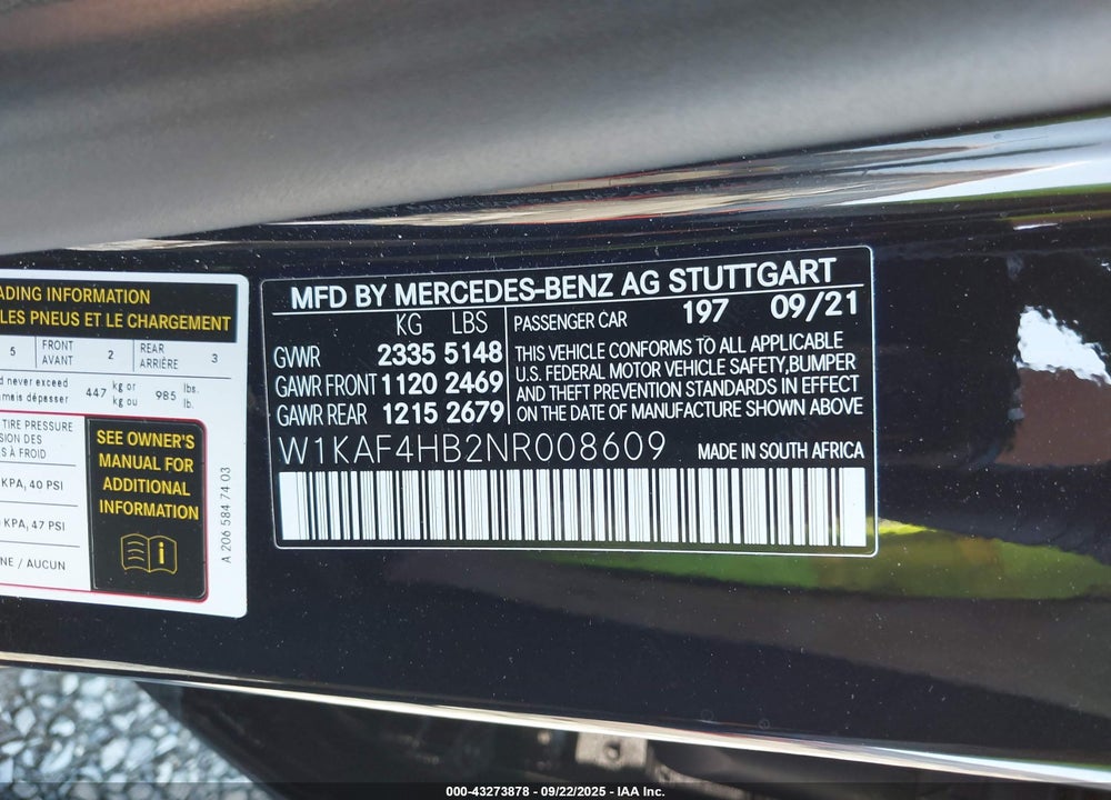 2022 MERCEDES-BENZ C CLASS VIN: W1KAF4HB2NR008609