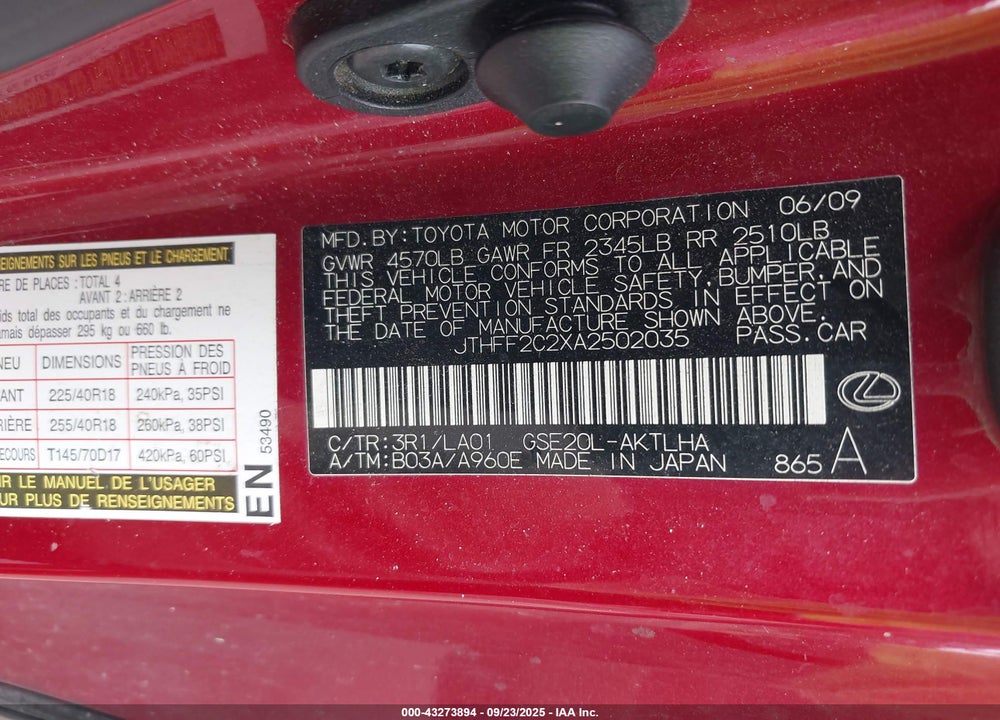 2010 LEXUS IS 250C VIN: JTHFF2C2XA2502035