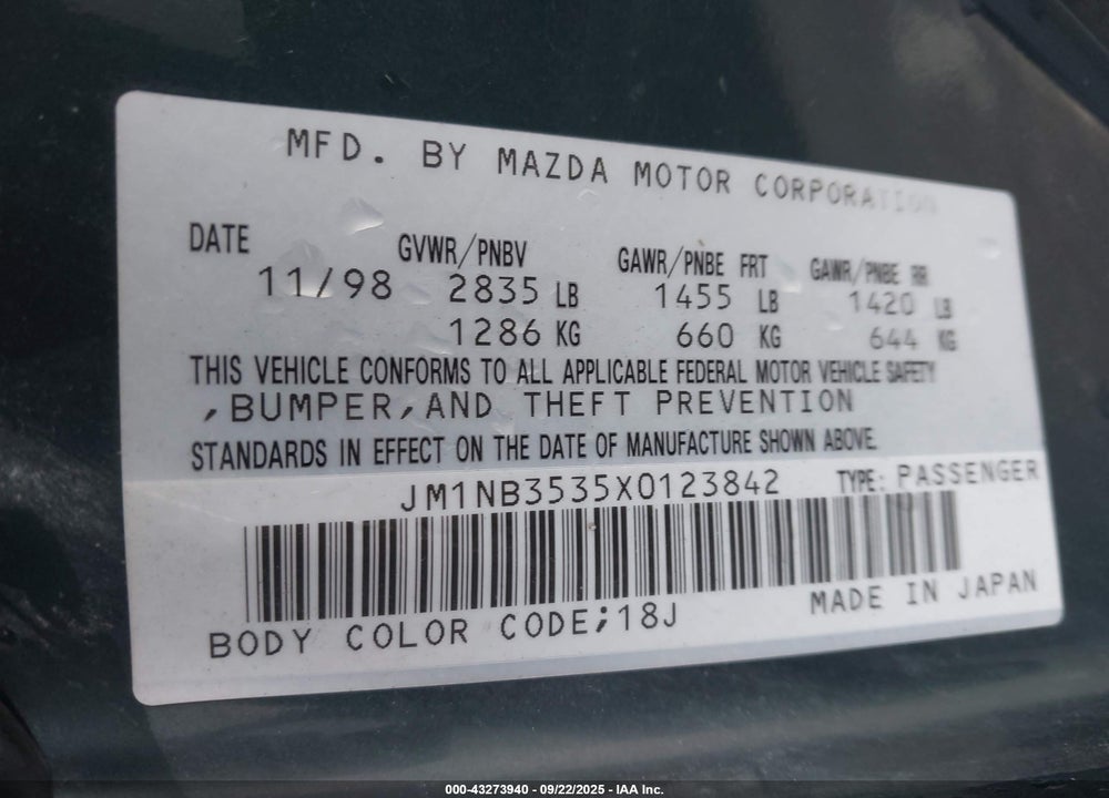 1999 EQUIPMENT MAZDA MX-5 MIATA LEATHER PKG/POPULAR  PKG/SPORTS PKG/TOURING PKG VIN: JM1NB3535X0123842