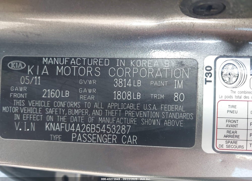 2011 KIA FORTE VIN: KNAFU4A26B5453287
