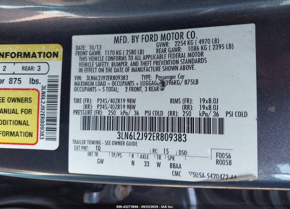 2014 LINCOLN MKZ VIN: 3LN6L2J92ER809383